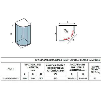 Karag N Flora 200 Inox 90x90x170 Cm Καμπίνα Ντουζιέρας Ημικυκλική ΔΙΑΦΑΝΗ