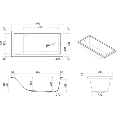 Sanitana Cubic 140x70 Μπανιέρα Ακρυλική 54314070