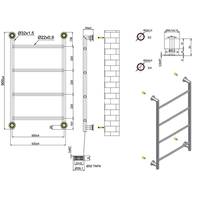 Karag Design 6-900 Nero 56x90 Μαύρο Θερμαντικό Σώμα Μπάνιου