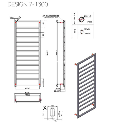 Karag Design 7-1300 Nero 50x130 Μαύρο Θερμαντικό Σώμα Μπάνιου