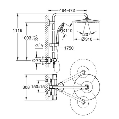 Grohe Euphoria System 310 26075AL0 Brushed Hard Graphite Σύστημα Ντουζ με Θερμοστατική Μπαταρία