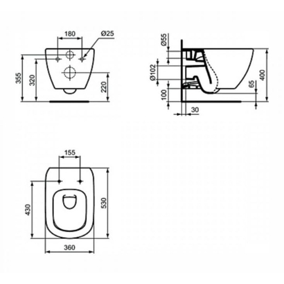 Ideal Standard Tesi ΙΙ Aquablade 53,5 cm Λεκάνη Κρεμαστή Υ.Π. Με Κάθισμα ΑΠΛΟ SLIM