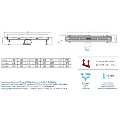 Karag CONFLUO SLIM LINE 105cm Σιφόνι δαπέδου ευθύγραμμο