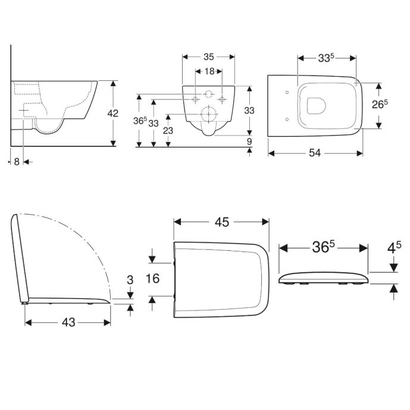 Geberit Λεκάνη Κρεμαστή Icon Square Rimfree 54cm Με Κάλυμμα Soft Close Wrapover