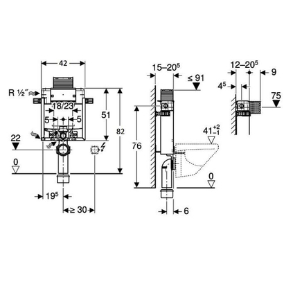 Geberit 110.001.00.1 OMEGA KOMBIFIX (12cm) 82cm 6/3L Καζανάκι Εντοιχισμού Για Διπλό Τούβλο