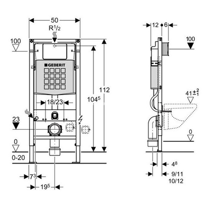 Geberit SIGMA DUOFIX 9/3L (12cm) Καζανάκι εντοιχισμένο κρεμαστής λεκάνης για γυψοσανίδα