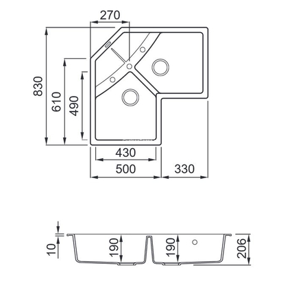 Elleci Unico Corner Nero 83x83 Νεροχύτης Γωνιακός Γρανίτης