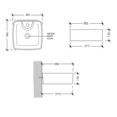 Ios 38 Νιπτήρας Πορσελάνης Επιτραπέζιος & Επίτοιχος 38x38