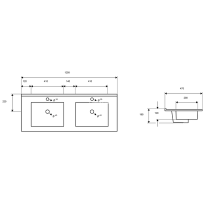 Karag LT 7506 Νιπτήρας 120,5x47 Επίπλου Με Δύο Γούρνες