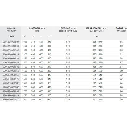 Karag Tinos 600 Χρωμέ 130x200 Cm Καμπίνα Ντουζιέρας Ανοιγόμενη Με 2 Σταθερά