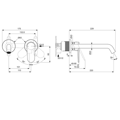 Ideal Standard Cerafine O Nuovo Μπαταρία Νιπτήρα Επίτοιχη 22 cm BD911AA